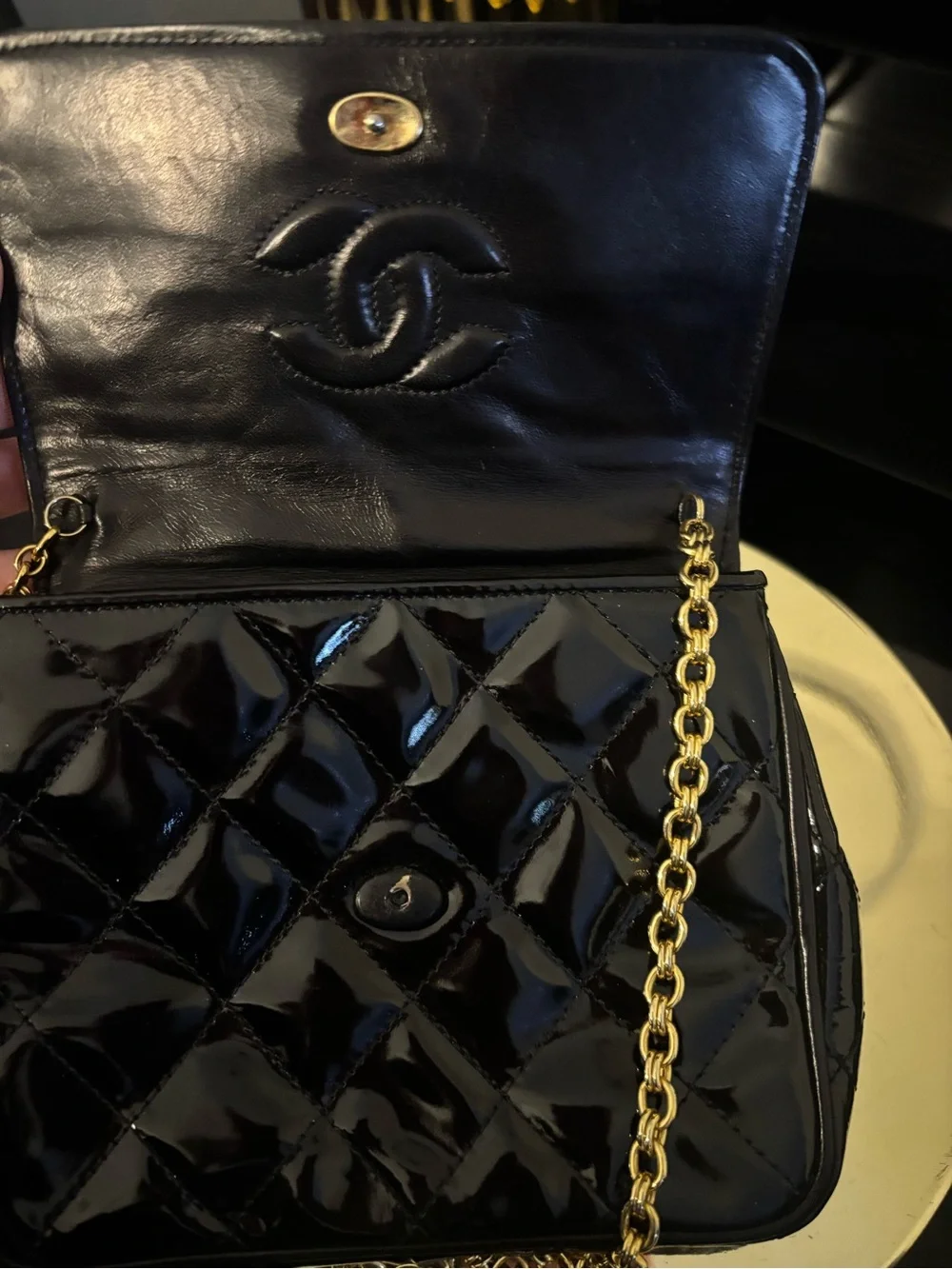 CHANEL Black Patent Quilted Crossbody with Gold Chain